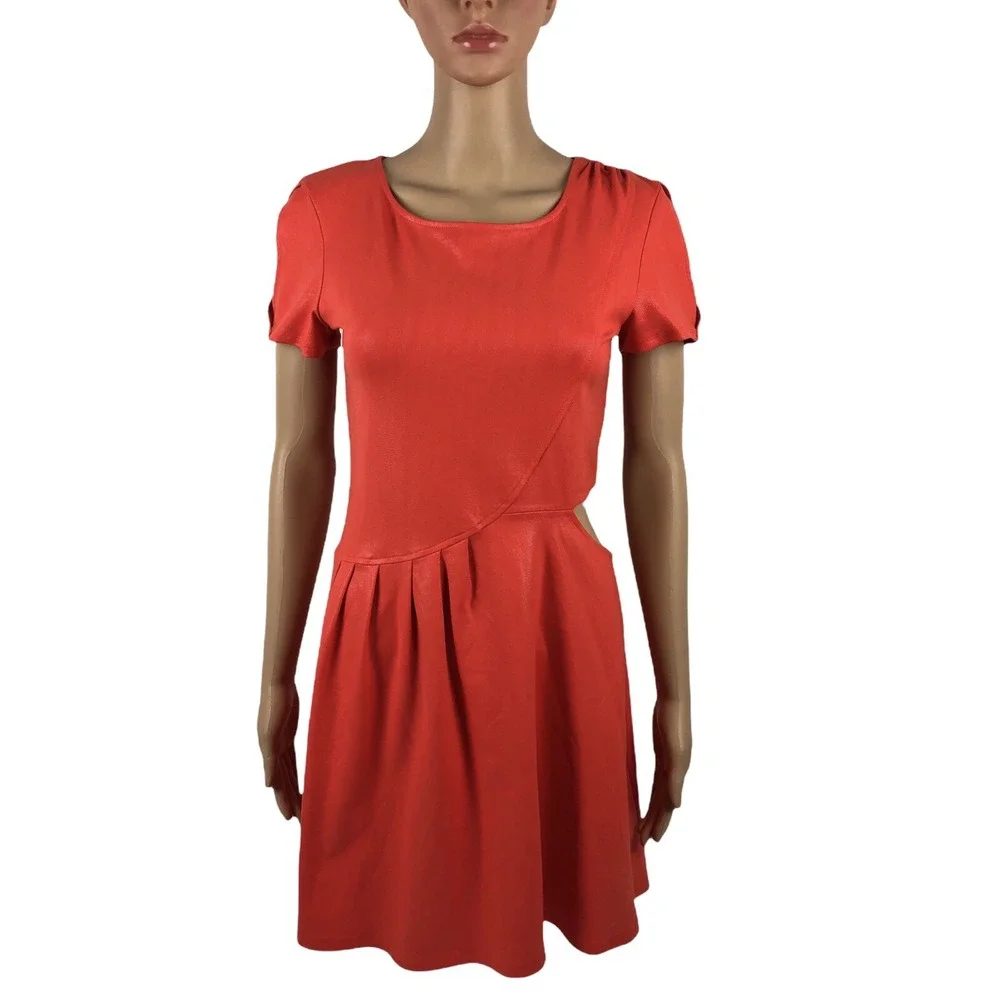Leith Womens Small Dress Fit Flare Short Orange Nylon Stretch Short Sleeve
